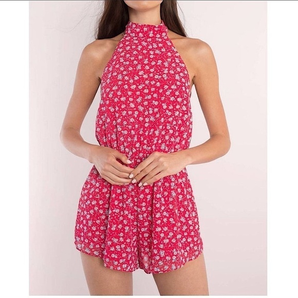 TOBI RAQUEL RED MULTI FLORAL PRINT Halter ROMPER womens size M - Picture 2 of 8
